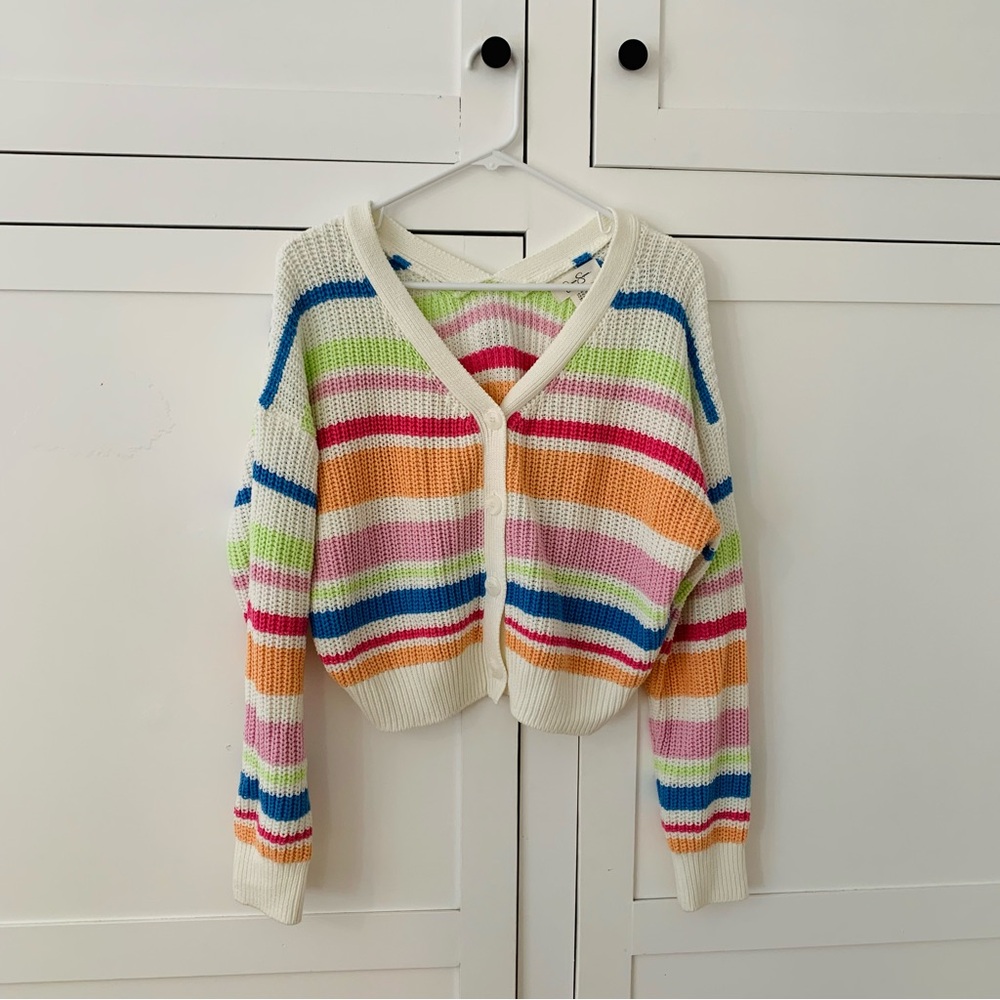 Jessica Simpson Knit Colorful Stripe Button Crop Cardigan Size XL